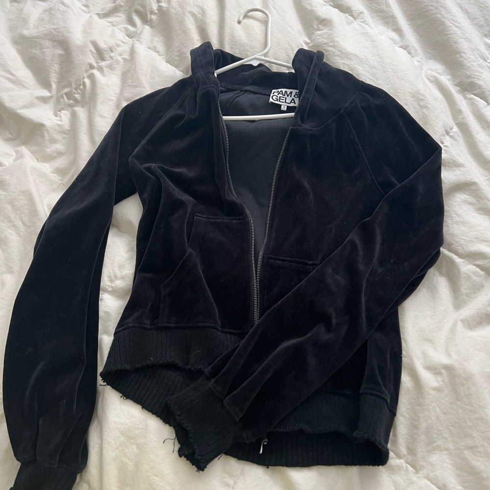 Pam & Gela hoodie jacket black velour Small S
